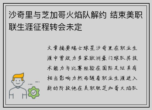 沙奇里与芝加哥火焰队解约 结束美职联生涯征程转会未定