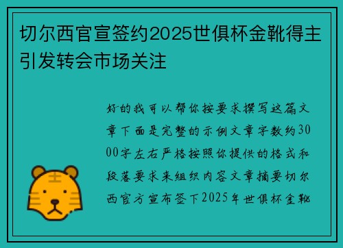 切尔西官宣签约2025世俱杯金靴得主引发转会市场关注