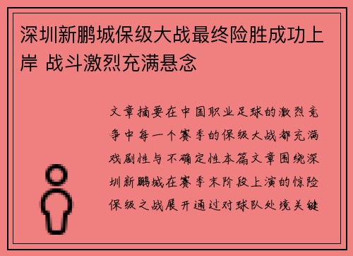 深圳新鹏城保级大战最终险胜成功上岸 战斗激烈充满悬念 深圳新鹏城保级大战最终险胜成功上岸 战斗激烈充满悬念