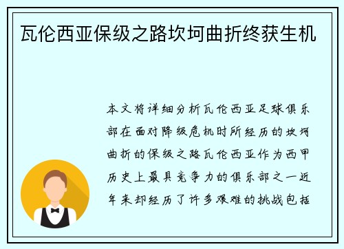 瓦伦西亚保级之路坎坷曲折终获生机 瓦伦西亚保级之路坎坷曲折终获生机